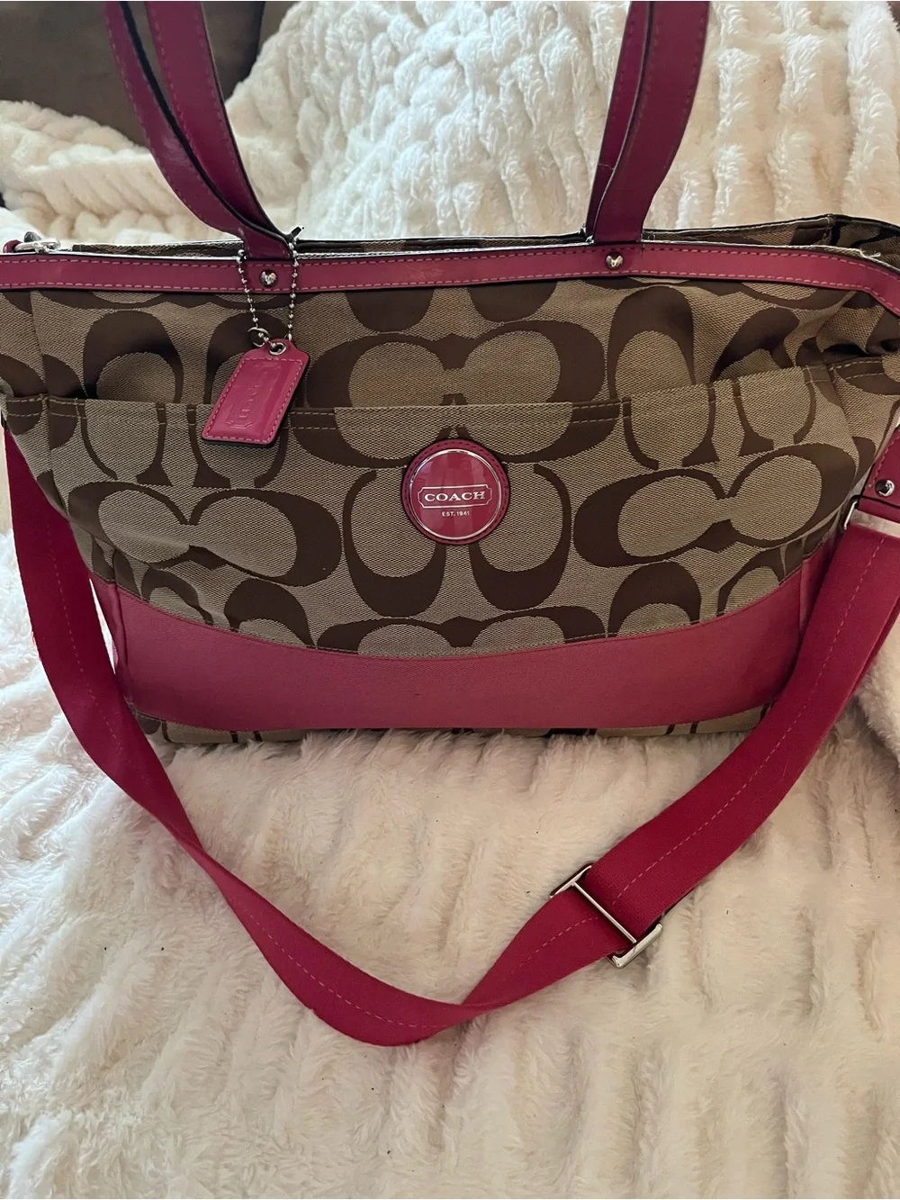 Coach Signature Stripe Baby Bag w/ Hot Pink Patient Leather Trim - EUC